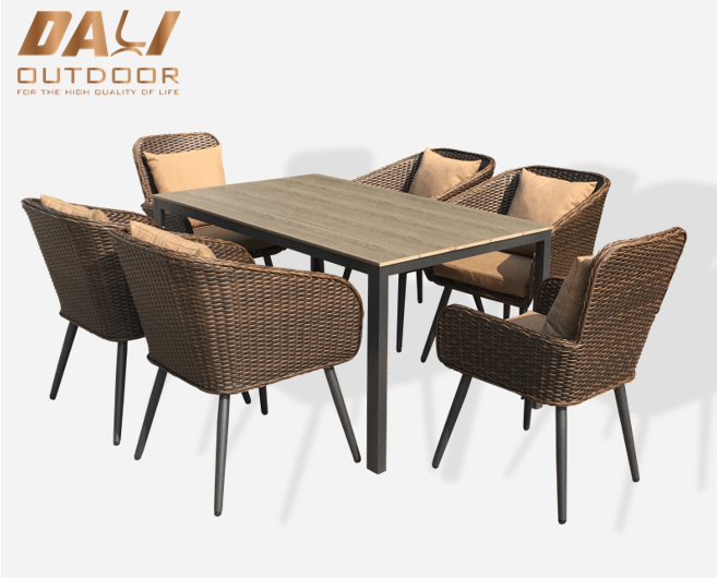 Hochwertiges 7-teiliges Terrassen-Außentisch- und Stühle-Set, Garten-Rattan-Möbel für das Esszimmer